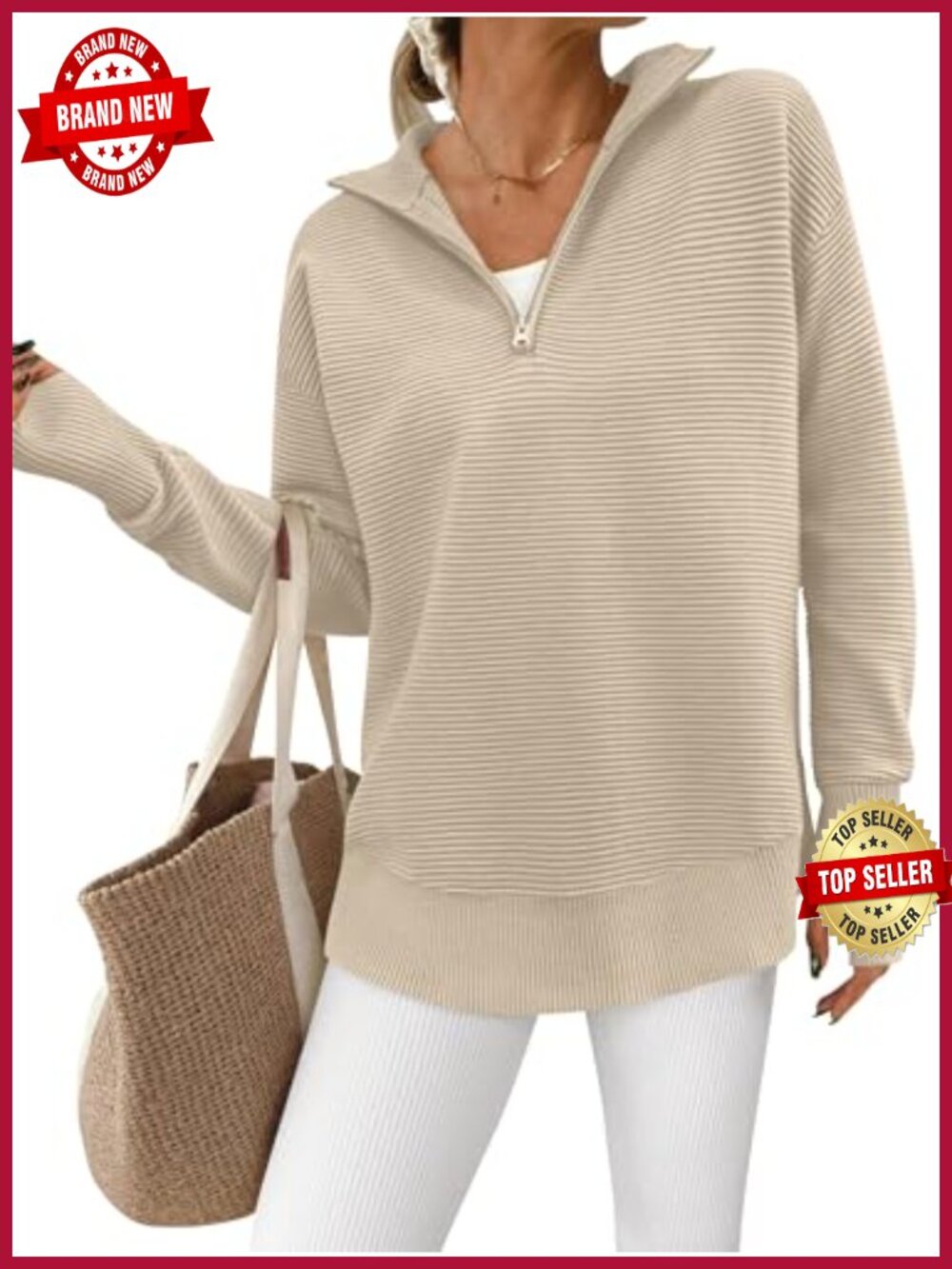 Womens Quarter Zip Ribbed Knit Pullover Sweater Long Sleeve Loose Fit